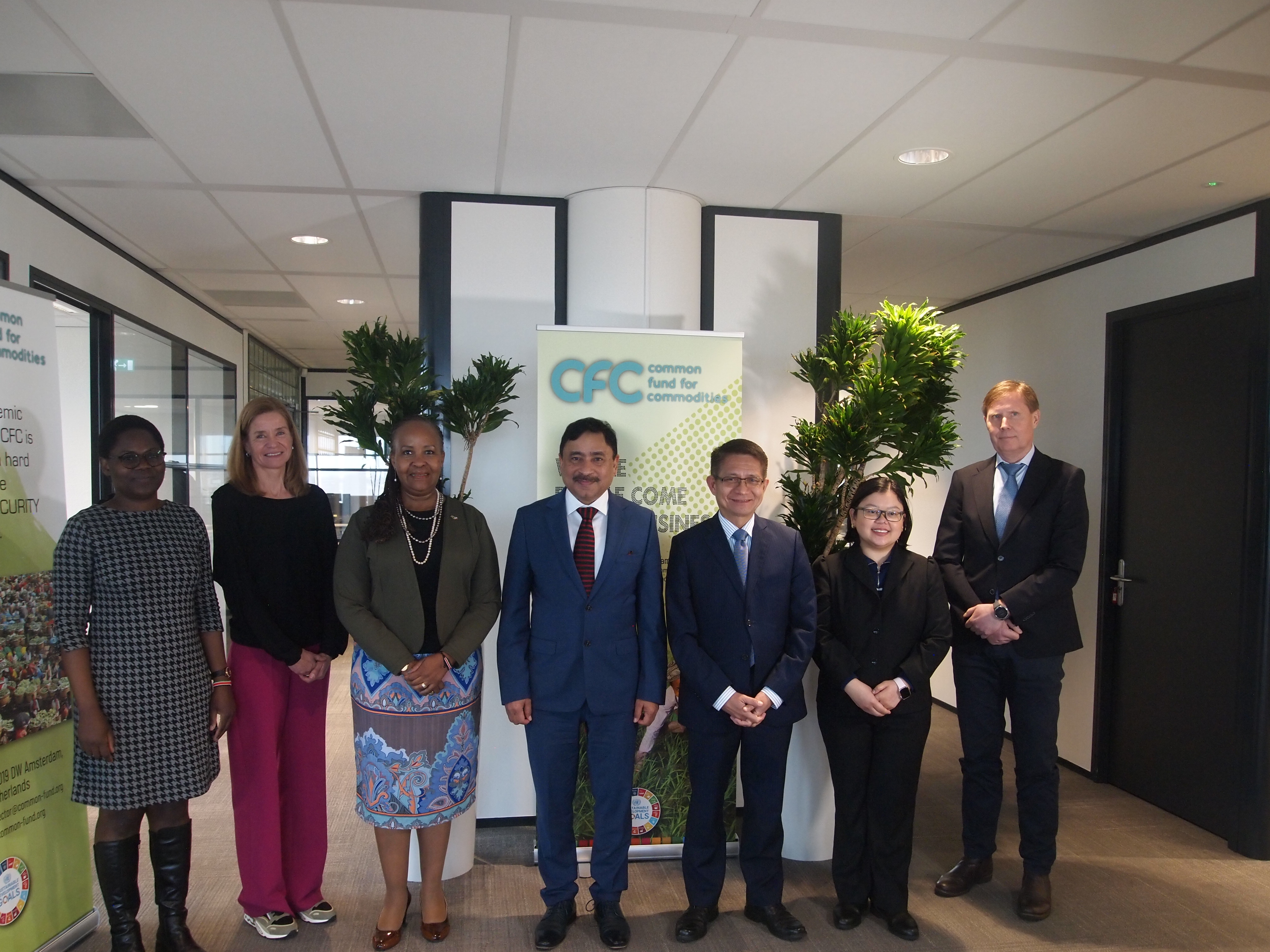 From left:  Ms. Josephine Opili, Third Secretary, Kenya Embassy; Ms. Michèle Schwarz, Head of Accounting and Administration; H.E. Ms. Margaret Shava, Ambassador of Kenya; Ambassador Sheikh Mohammed Belal, Managing Director of the CFC; H.E. Mr. J. Eduardo Malaya, Ambassador of the Philippines; Ms. Irish Kay Kalaw-Ado, First Secretary and Consul, Philippine Embassy; Mr. Andrey Kuleshov, Chief, Strategy and Development of CFC